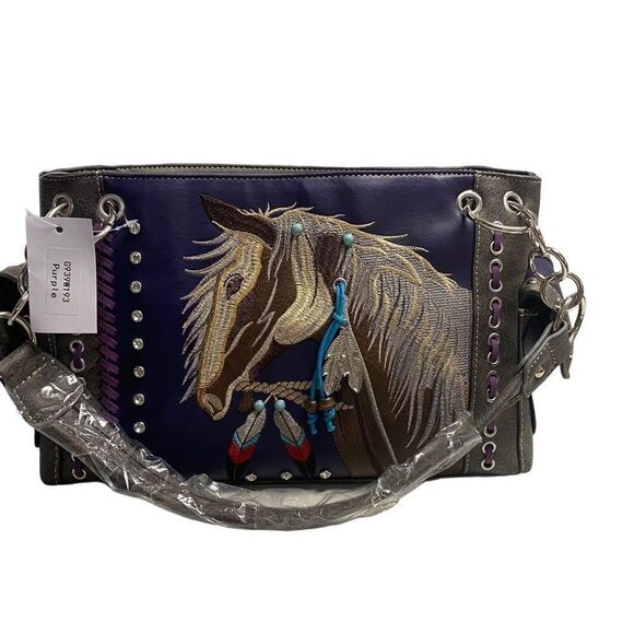 Concealed Carry Western‎ Horse Embroidered Satchel Purple 13X4.5X8.5 Tassel New - Picture 1 of 11